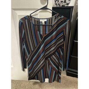 Dana Buchman Shirt Womens XL Multicolor Striped Flowy‎ Tunic Stretch Asymmetric